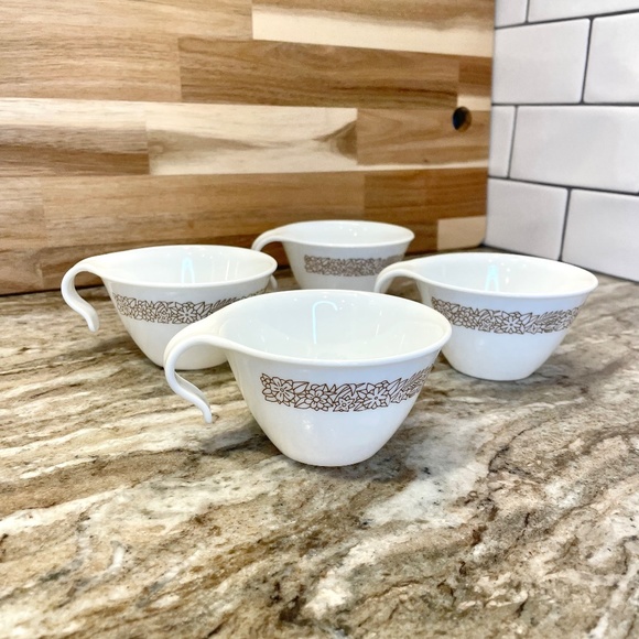 4 Vintage Corelle Woodland Coffee Tea Mugs Cups Hook Open Handle Brown & White - Picture 2 of 7